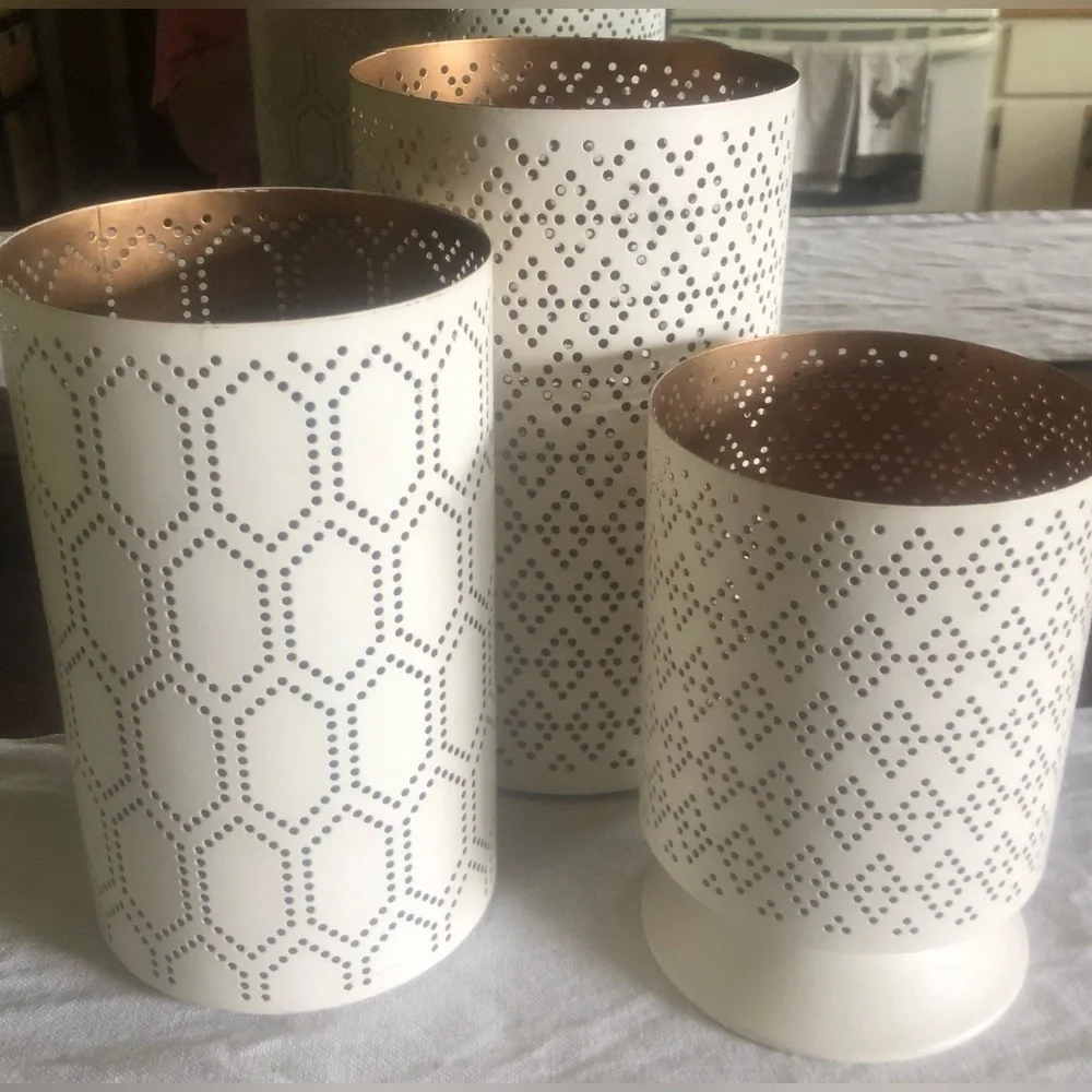 Threshold Laser-Cut Diamond Pattern Metal Candle Holders, White & Gold, Set Of 3